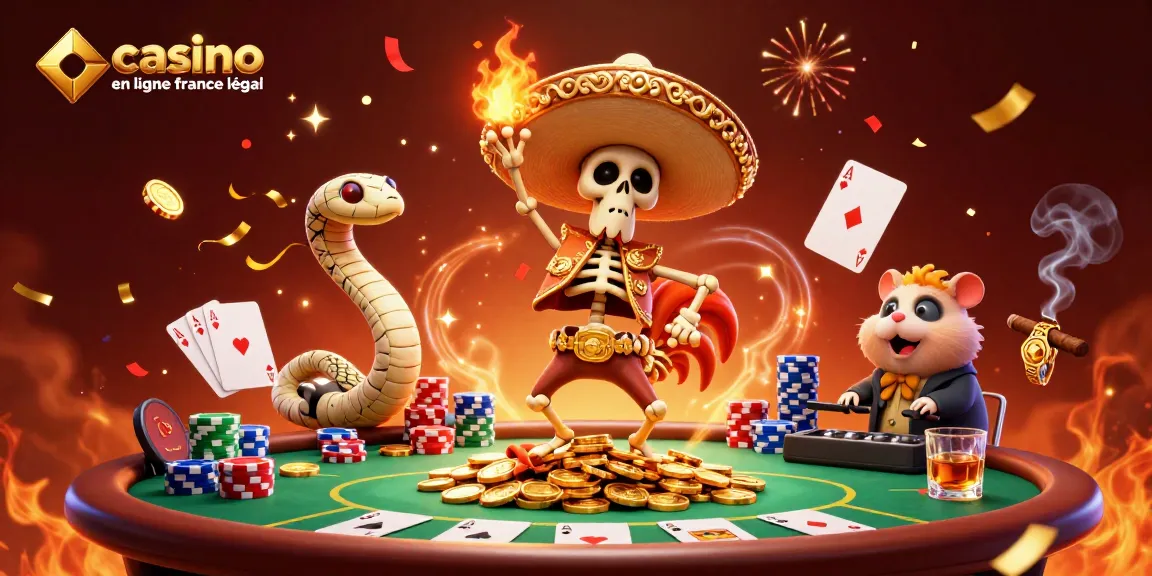 Animation dynamique avec un rooster mariachi dansant sur une pile de pièces, jeu en ligne classé comme casino en ligne france légal.