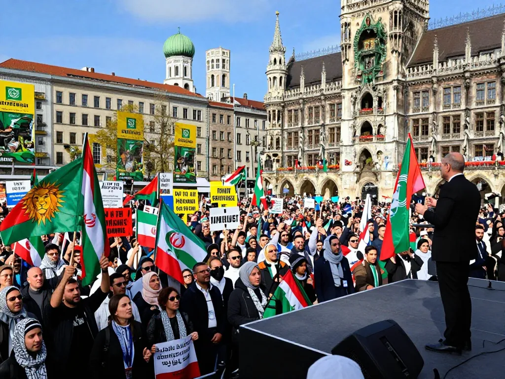 Massive Munich rally focused on Iran, showcasing a vibrant crowd with banners and flags for Iranian freedom.