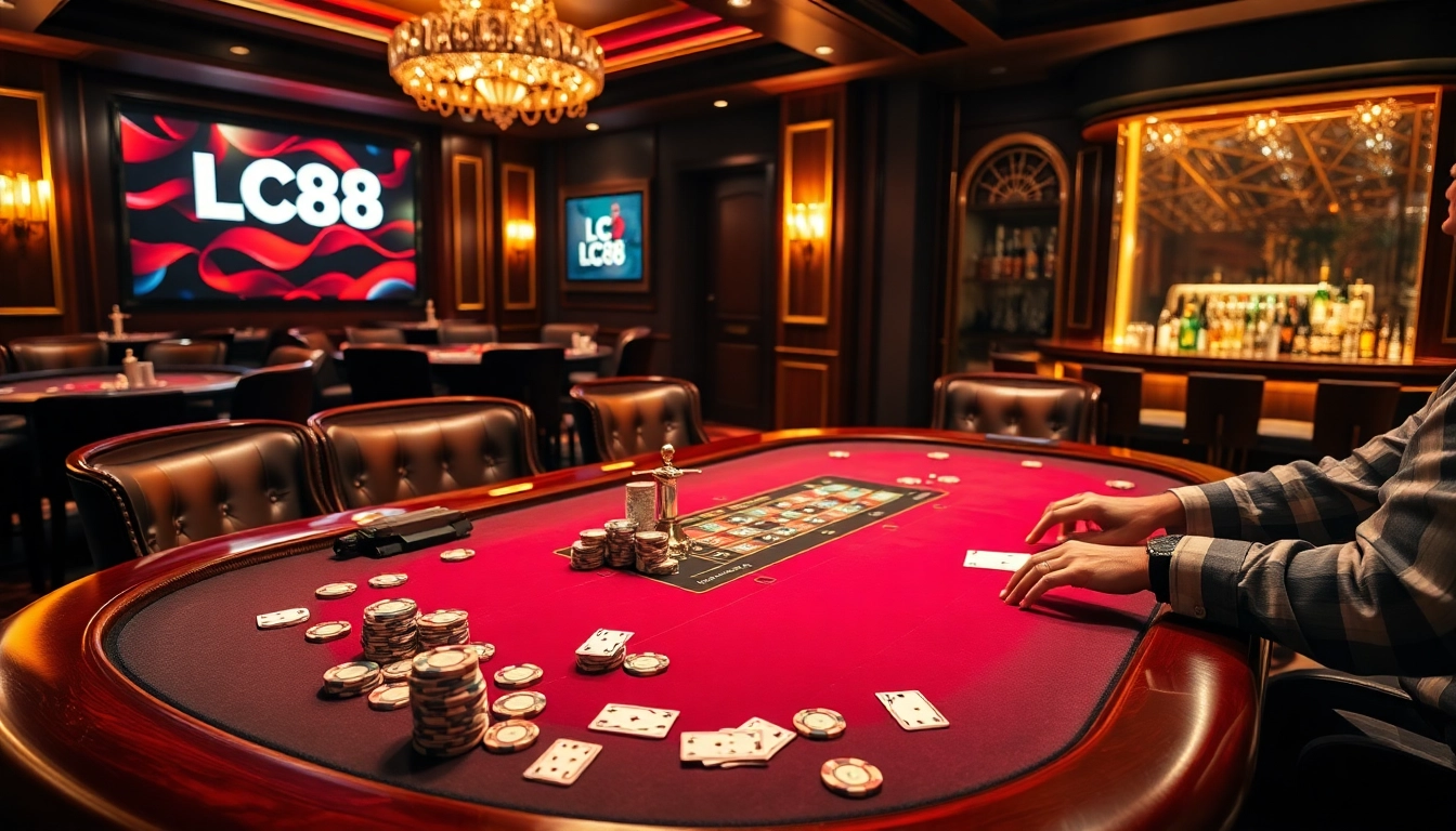 Experience an exhilarating moment at an LC88 casino poker table filled with intense focus and vibrant action.