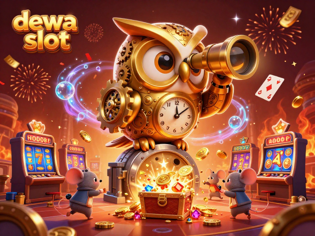 Permainan dewa slot menampilkan burung hantu emas yang memantau slot dengan uang logam dan hiasan unik.
