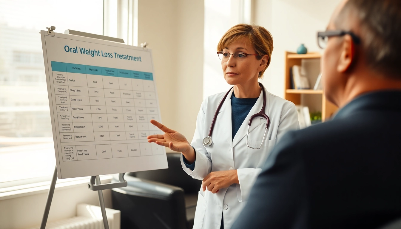 Engaging consultation on Oral Weight Loss Treatments between a physician and patient discussing medication options.