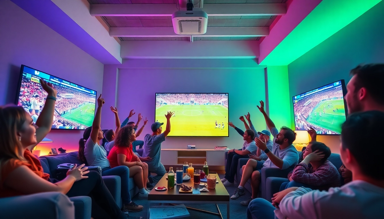 Excited fans enjoying live sports through 토토스토리 in a cozy setting.