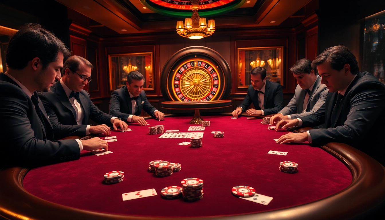 Players strategizing at a luxurious poker table, showcasing excitement in online gaming at https://123hero.pro/.