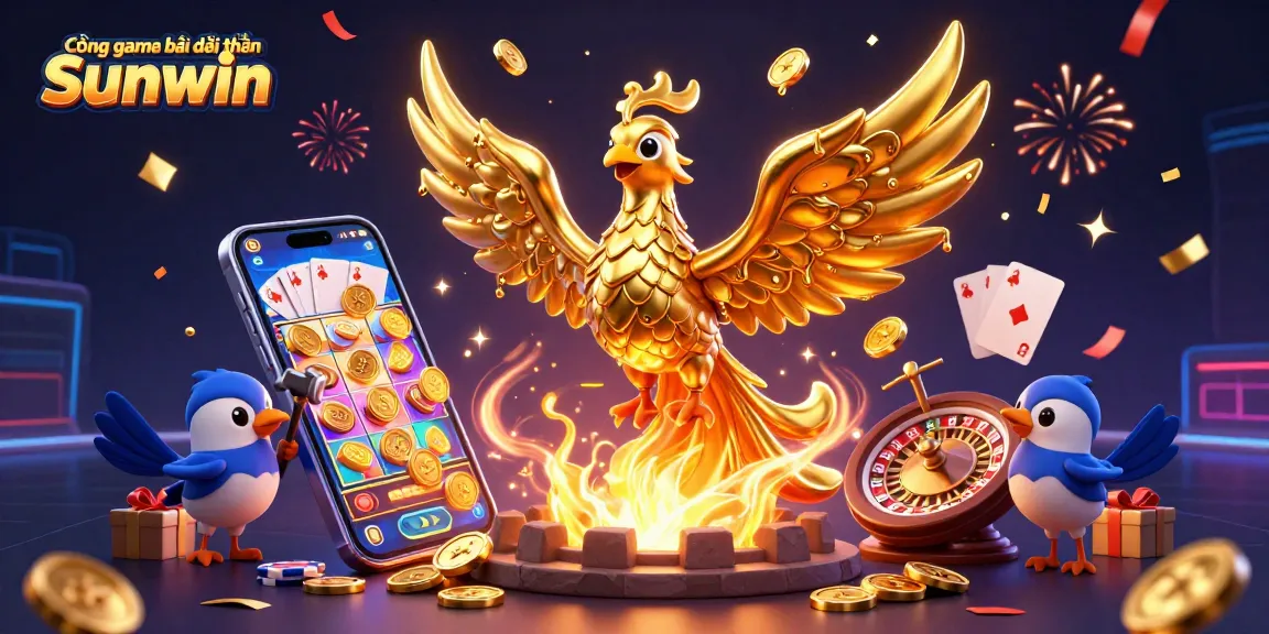 Cổng game bài đổi thưởng Sunwin features a molten golden phoenix with winning coins, colorful slot games, and festive celebratory elements.