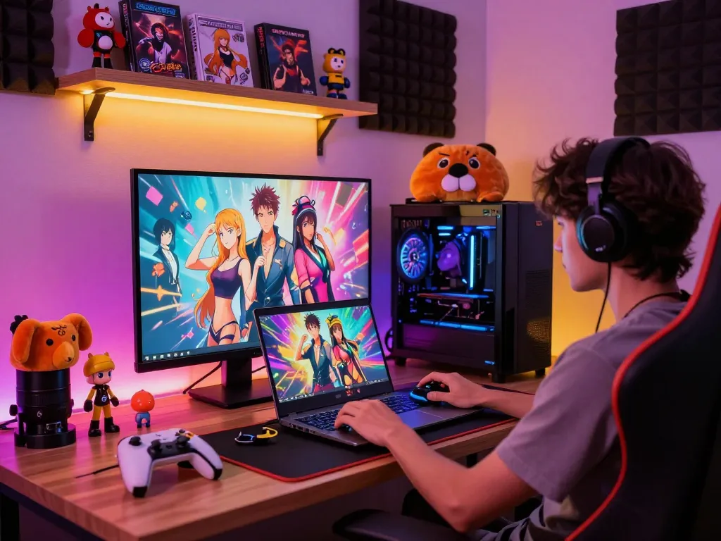 Engaging scene of a gamer playing free sex games on a laptop, in a vibrant gaming setup with LED lights and adult game artworks.