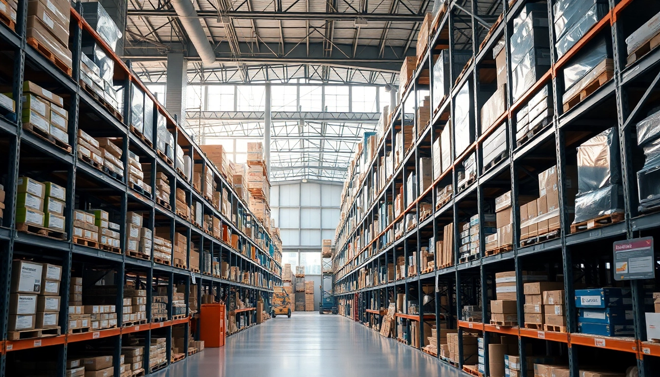 Find a professional warehouse near me in a vibrant urban setting, showcasing organized inventory.