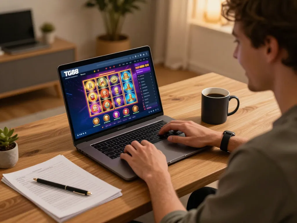 Player engaging with TG88’s online casino interface on a laptop in a cozy home office.