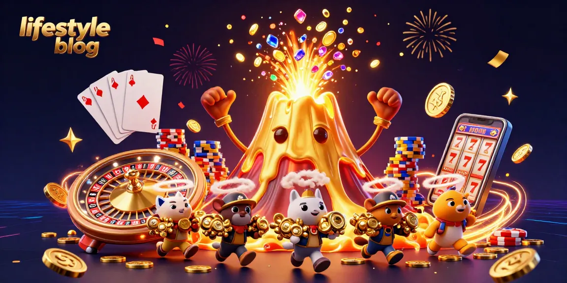 Win big at the lifestyle blog casino, a vibrant 3D scene with a golden volcano erupting treasures.