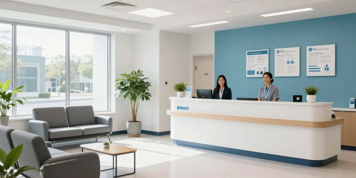 COBRA health insurance options at a welcoming healthcare clinic, with compassionate staff assisting patients.