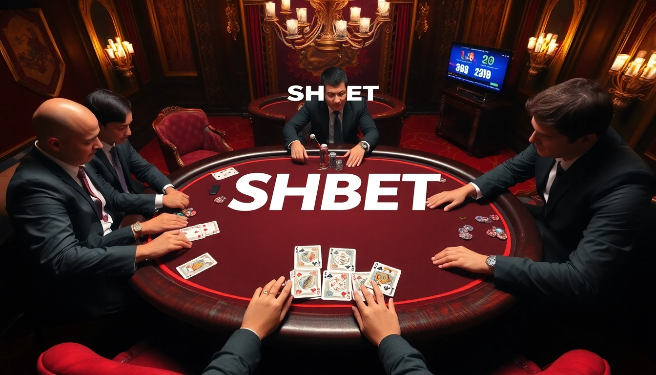 Players enjoying an engaging game at SHBET, featuring elegant poker chips and cards.