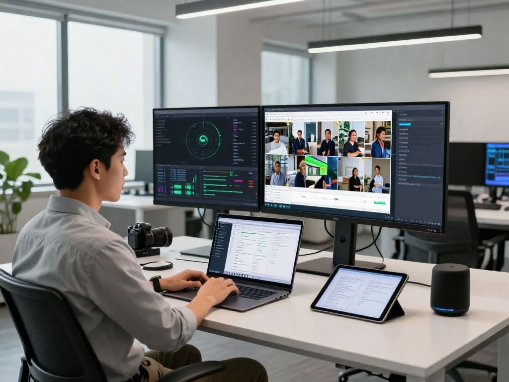 Data analyst using an ai image detector in a modern workspace.