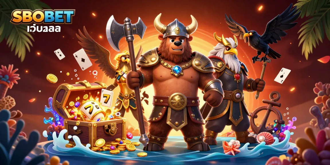 SBOBET เว็บตรง interactive gaming scene featuring a Viking bear and flying Valkyrie eagle amidst slot reels and underwater treasures