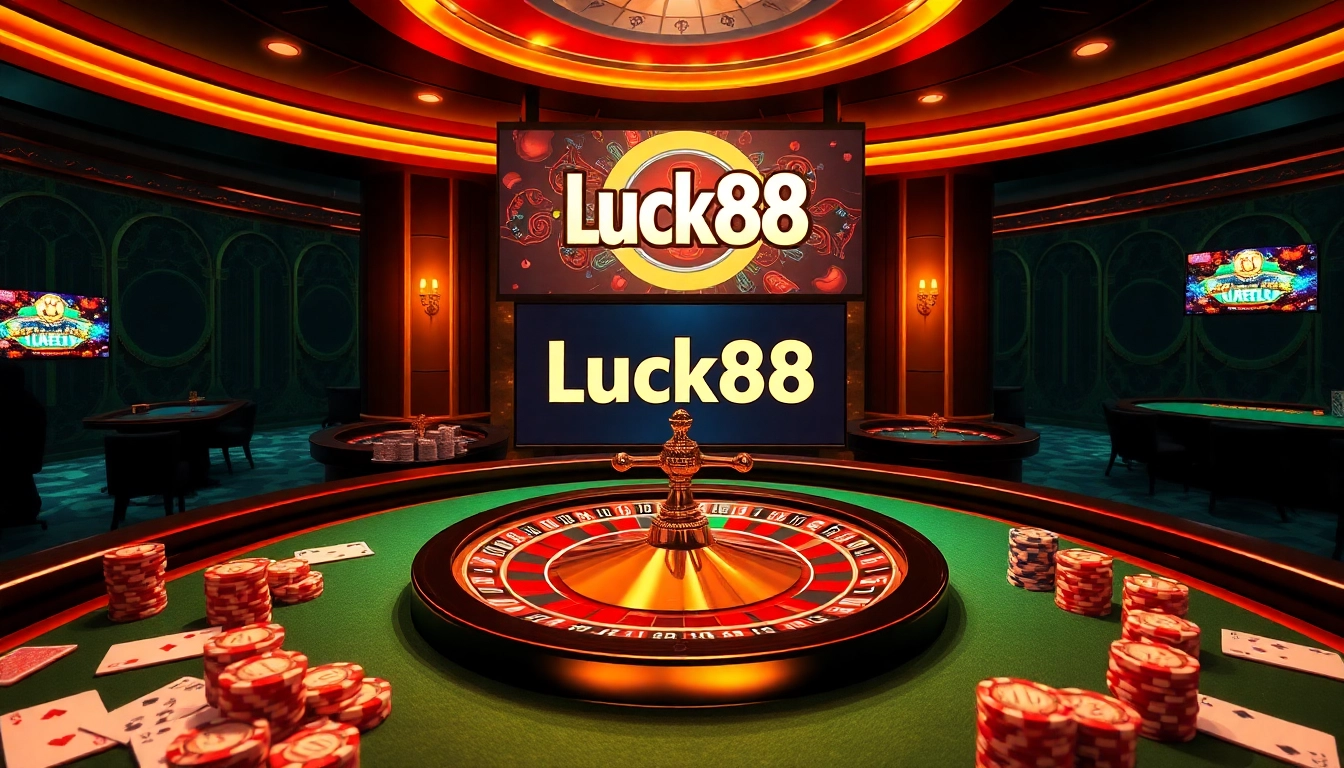 Experience thrilling gameplay in Luck88 with vibrant casino elements like roulette wheels and poker chips.