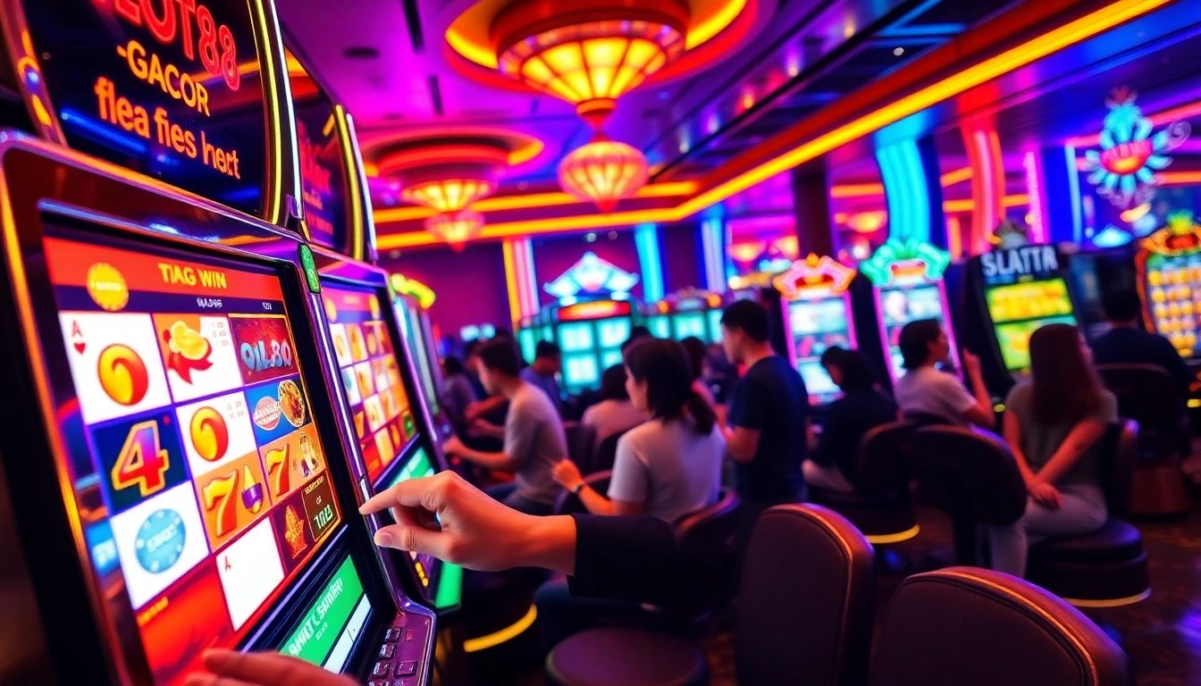 Players enjoying the slot88 gacor casino experience, celebrating a big win on the vibrant slot machines.