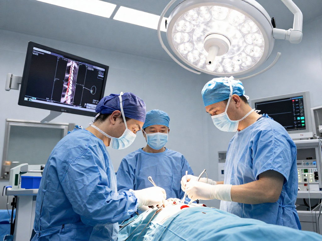 Surgeon performing dar kanal ameliyatı in a modern surgical room with advanced tools.