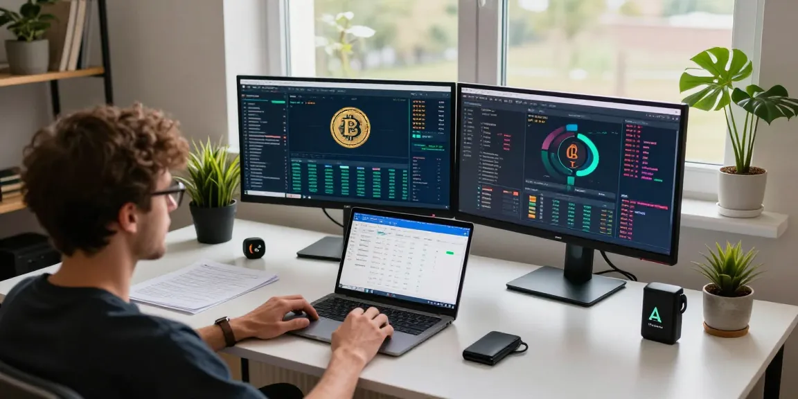 Bitcoin mining platform in a modern workspace with crypto analytics and security features