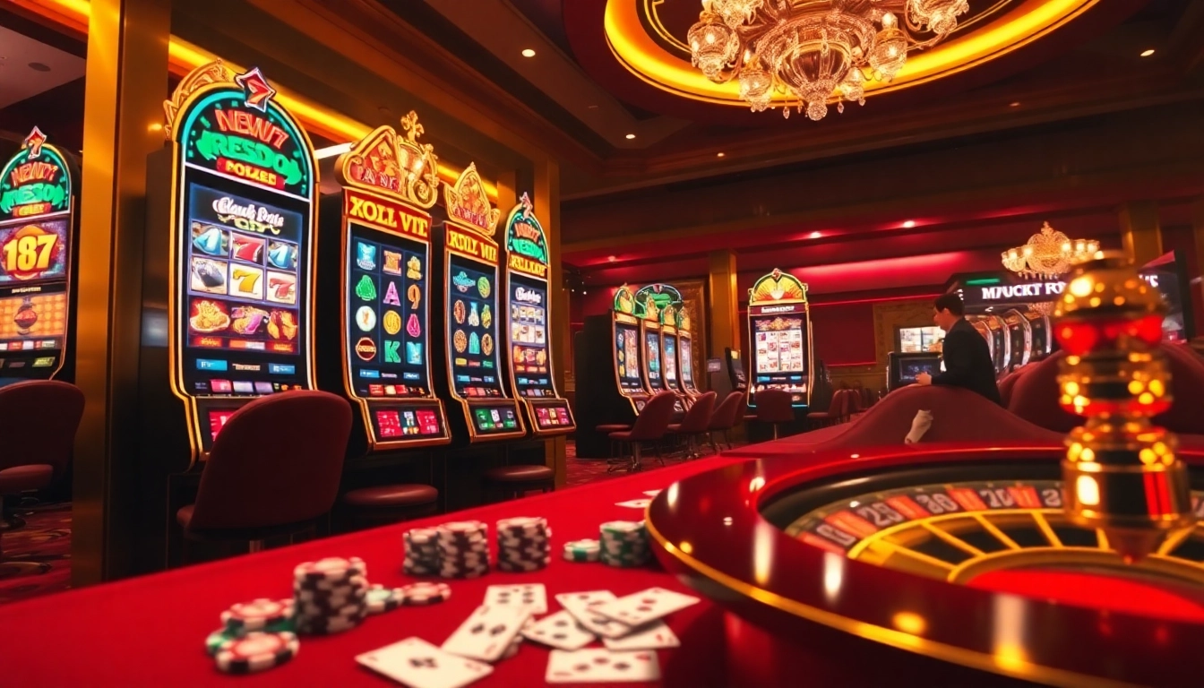Excited player engaging with new77 slot machine in a vibrant casino atmosphere.
