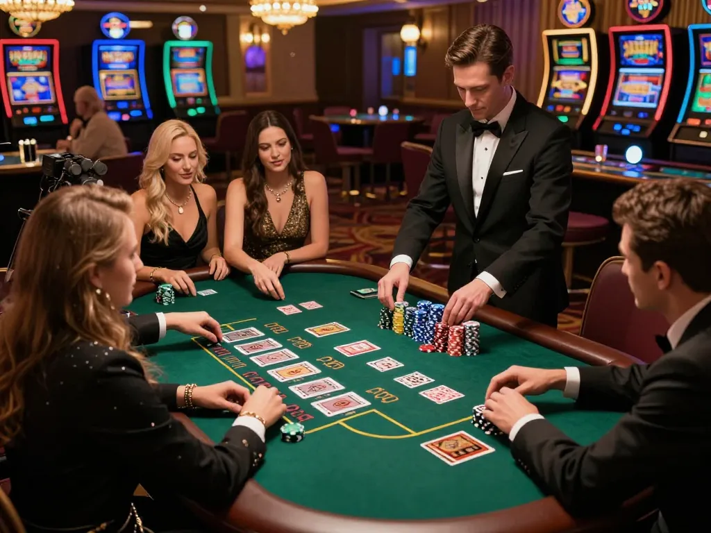 BUKA77 dealers and players engaging in an exciting blackjack game at a luxury casino.
