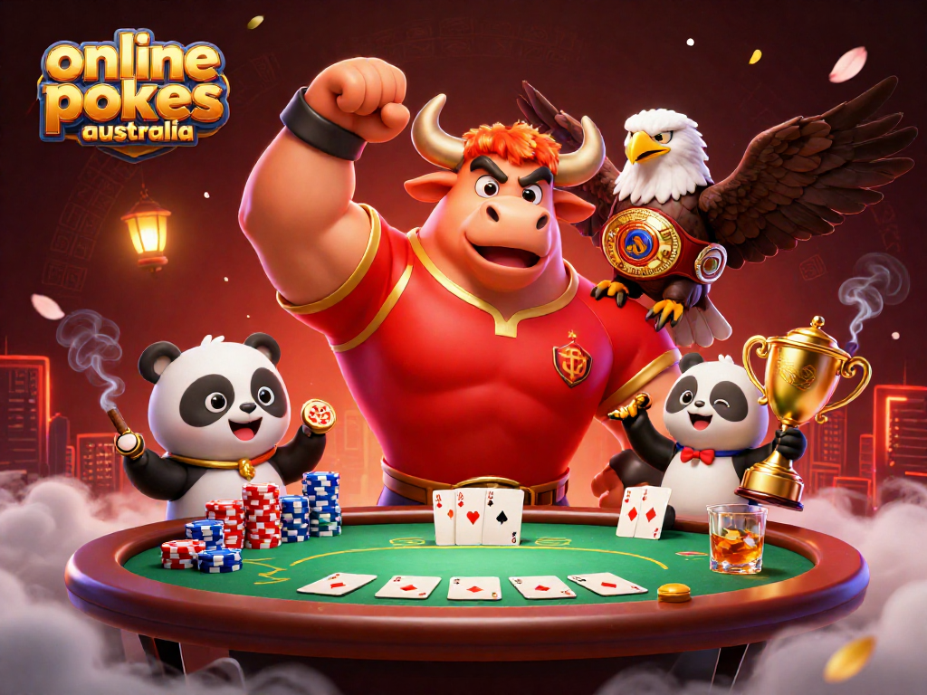 Engage in online pokies Australia with this vibrant illustration featuring a bull mascot and poker elements.