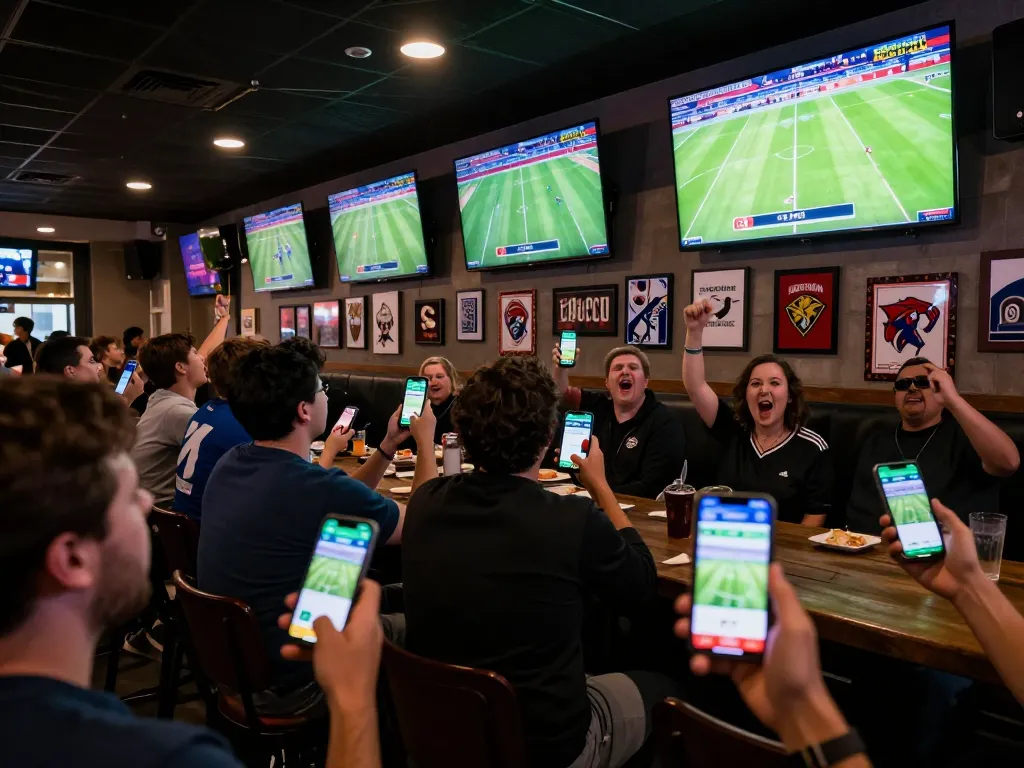 Bong da lu enthusiasts placing bets on their smartphones while watching live football in an engaging sports bar atmosphere