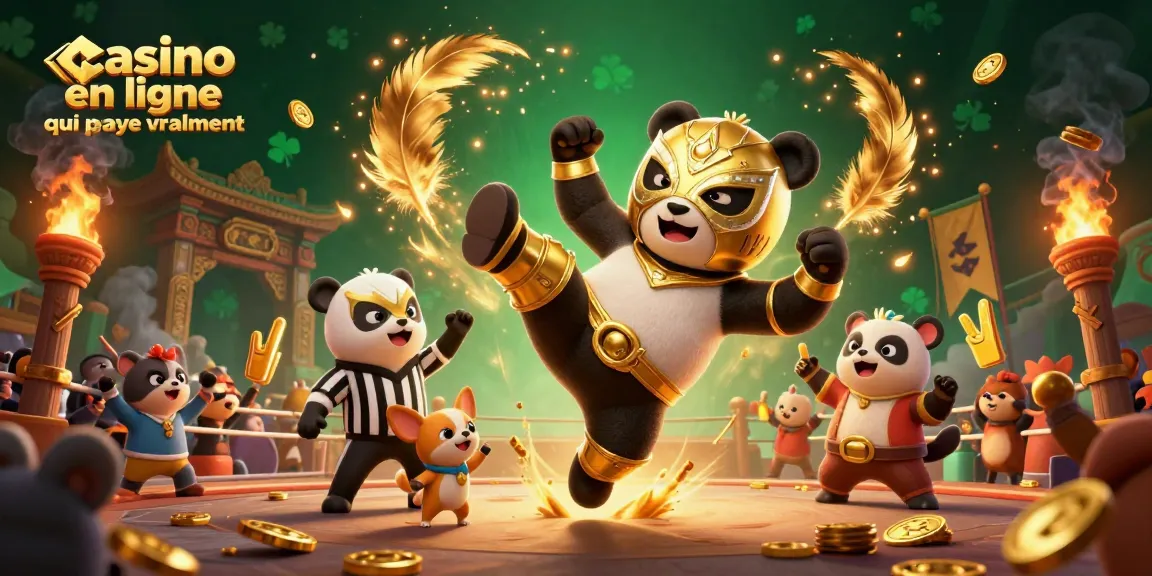 Animation d'un panda lutteur enmasqué illustrant le casino en ligne qui paye vraiment pendant un combat captivant.