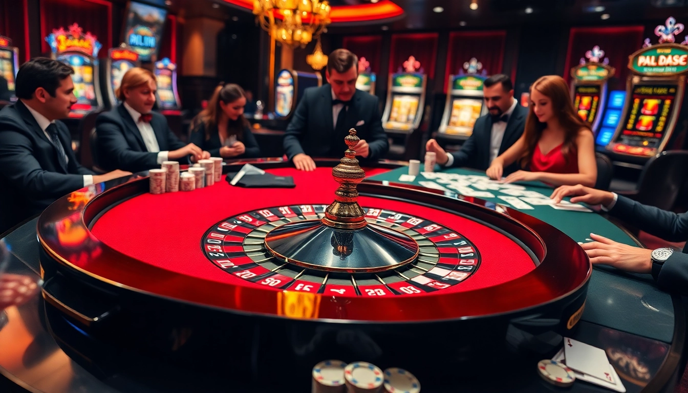 Experience the thrill of RR88 with dynamic poker players and a luxurious roulette table setting.