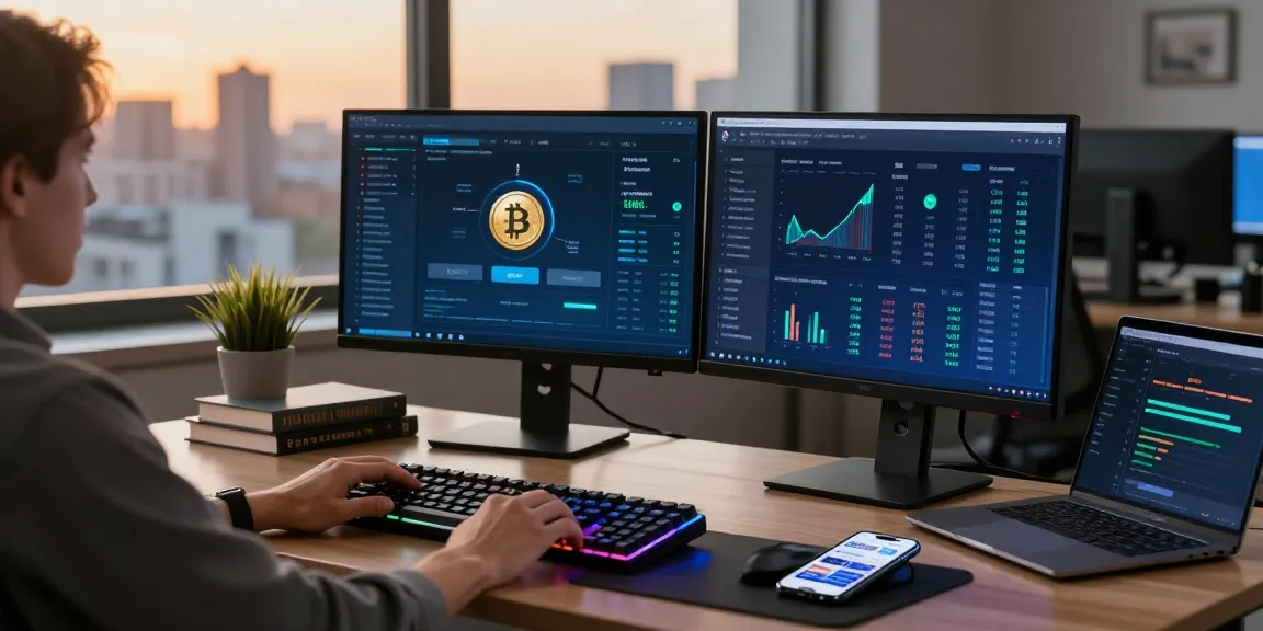 Passive bitcoin mining workspace showcasing cryptocurrency charts and digital wallet insights in a professional setting.