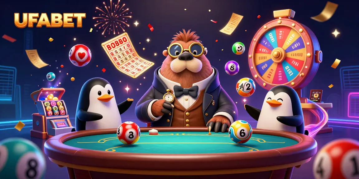 Experience the thrill of betting at UFABET with a whimsical casino scene featuring a walrus at a poker table.
