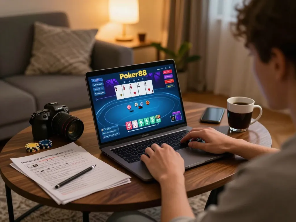 Player enjoying online gambling with Poker88 platform on laptop, showcasing responsible gaming