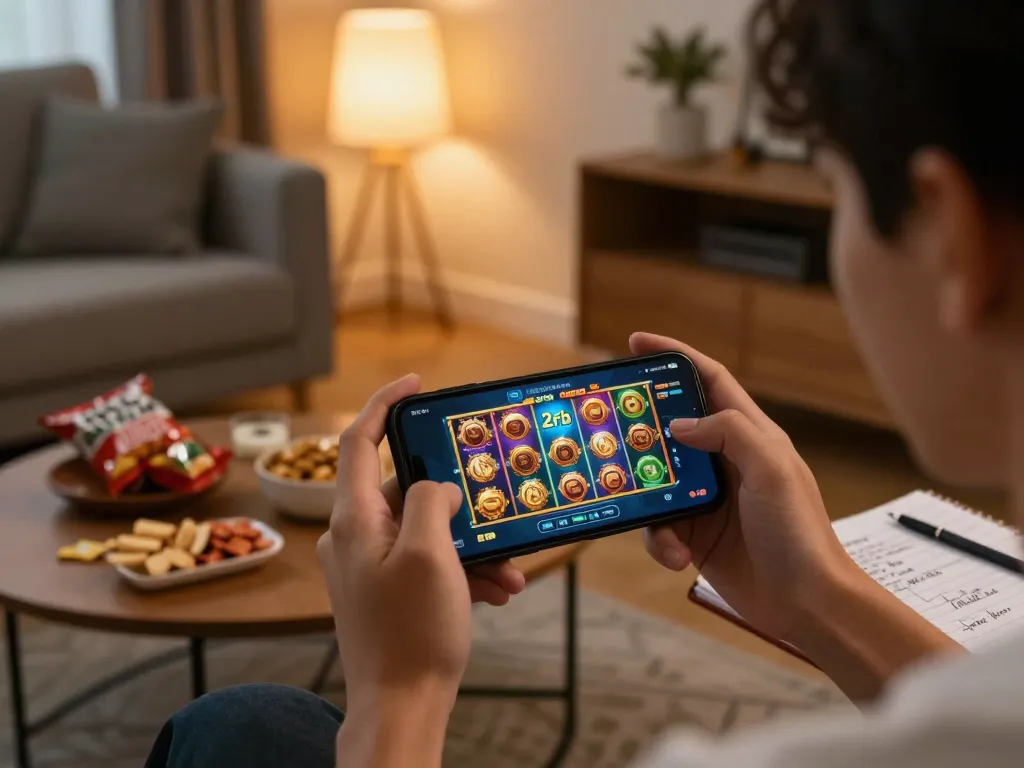 Engaging in mobile gaming with slot deposit 2rb displayed on the smartphone screen in a cozy home setting.