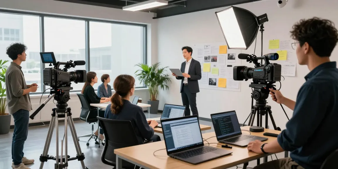 Dynamic scene of corporate video production featuring a diverse team creating engaging video content for businesses.