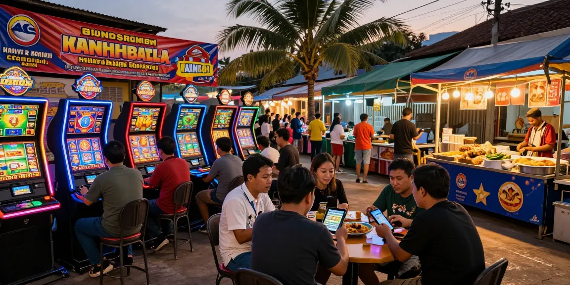 Players enjoying slot server kamboja games in vibrant outdoor gaming street in Kamboja.