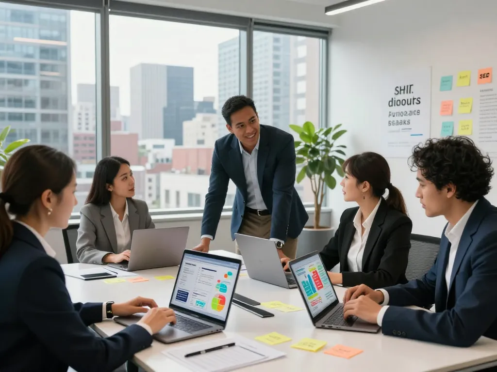NYC SEO Company team collaborating in a modern office setting, showcasing data-driven strategies and vibrant city skyline.