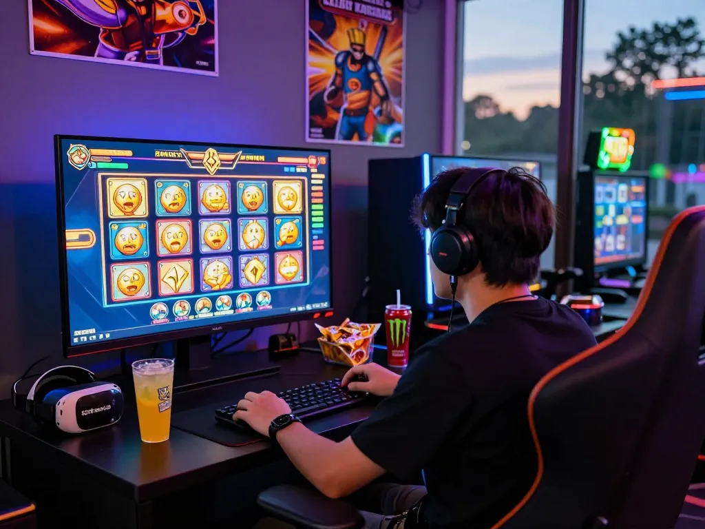 Gamer yang terlibat menjelajahi permainan situs slot pada pengaturan permainan yang cerah dengan lampu LED.