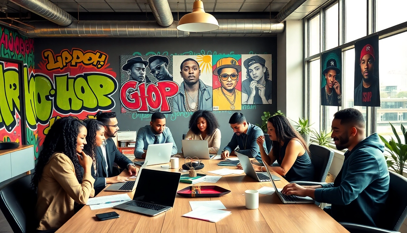 Engaged team of hip hop publicists collaborating in a vibrant office setting
