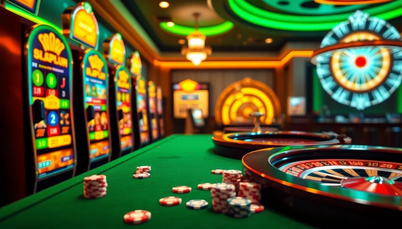 Experience thrilling wins with Onicplay in a vibrant casino atmosphere featuring slot machines and poker chips.