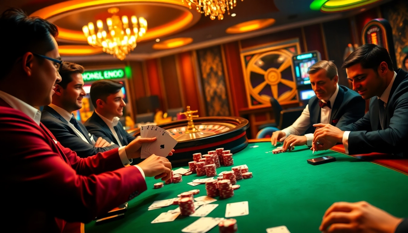 DewaCasino players engage in a thrilling poker game at a luxury casino table.