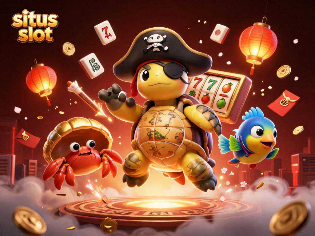 Gulung situs slot beruntung dengan karakter kartun laut mengelilingi harta karun yang gemerlap.