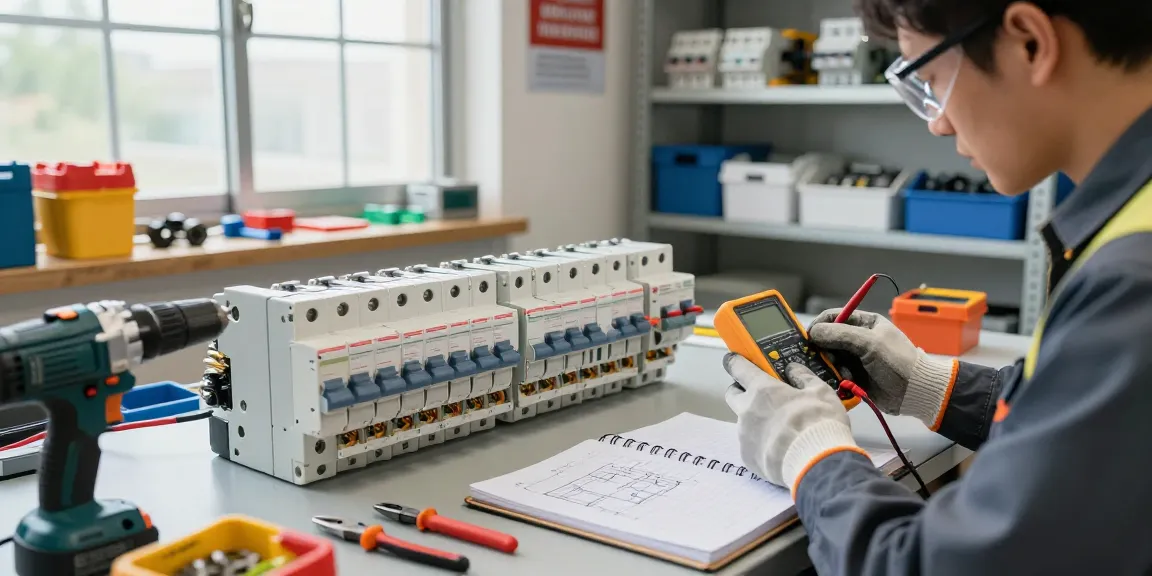 Electrician inspecting DC circuit breakers in an organized workspace, showcasing safety gear and detailed tools.
