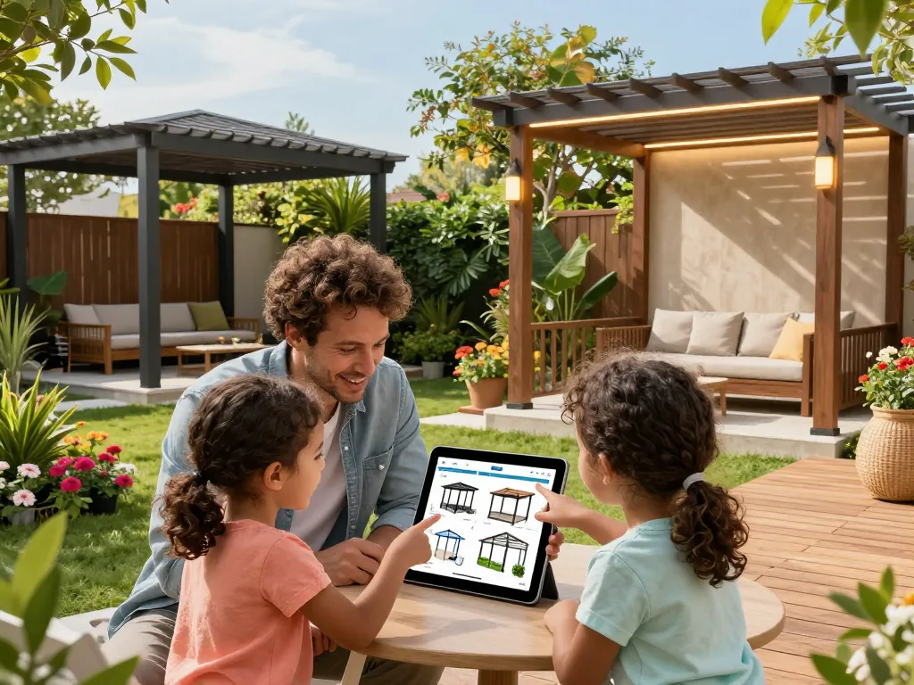 Family exploring 3D pergola configurator in a vibrant backyard with stylish pergola designs.