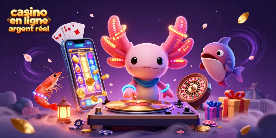 Plongez dans l'univers du casino en ligne argent réel avec une illustration captivante d'axolotl DJ, créant de l'excitation et des gains.
