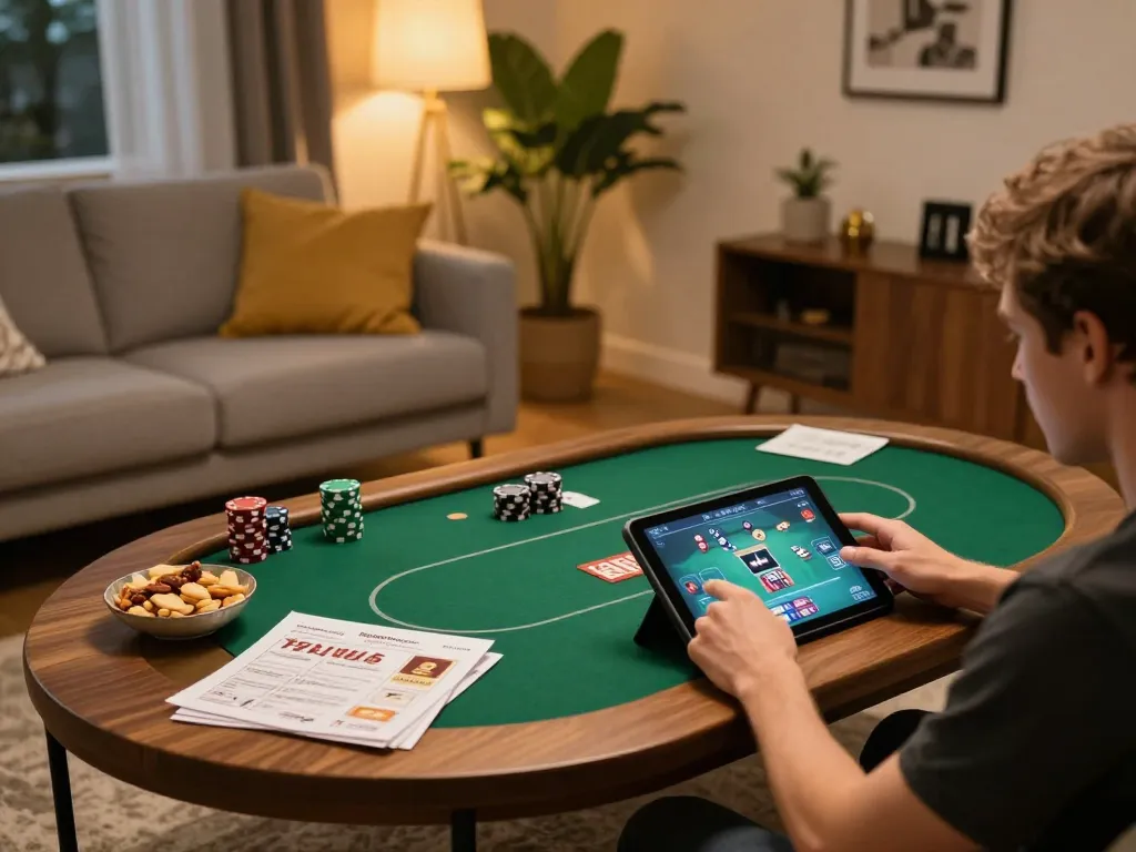 Player enjoying poker with rr88 app in a cozy home setting, reflecting responsible gaming.