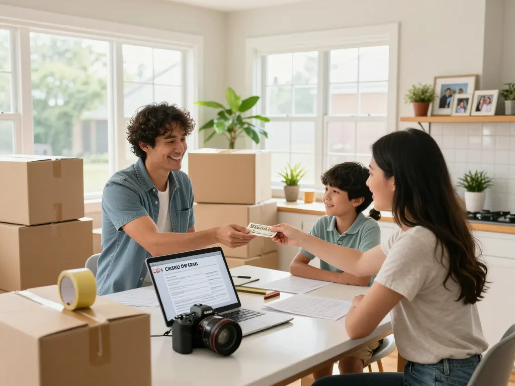 Family enjoying a quick house sale experience at home, reviewing a cash offer.