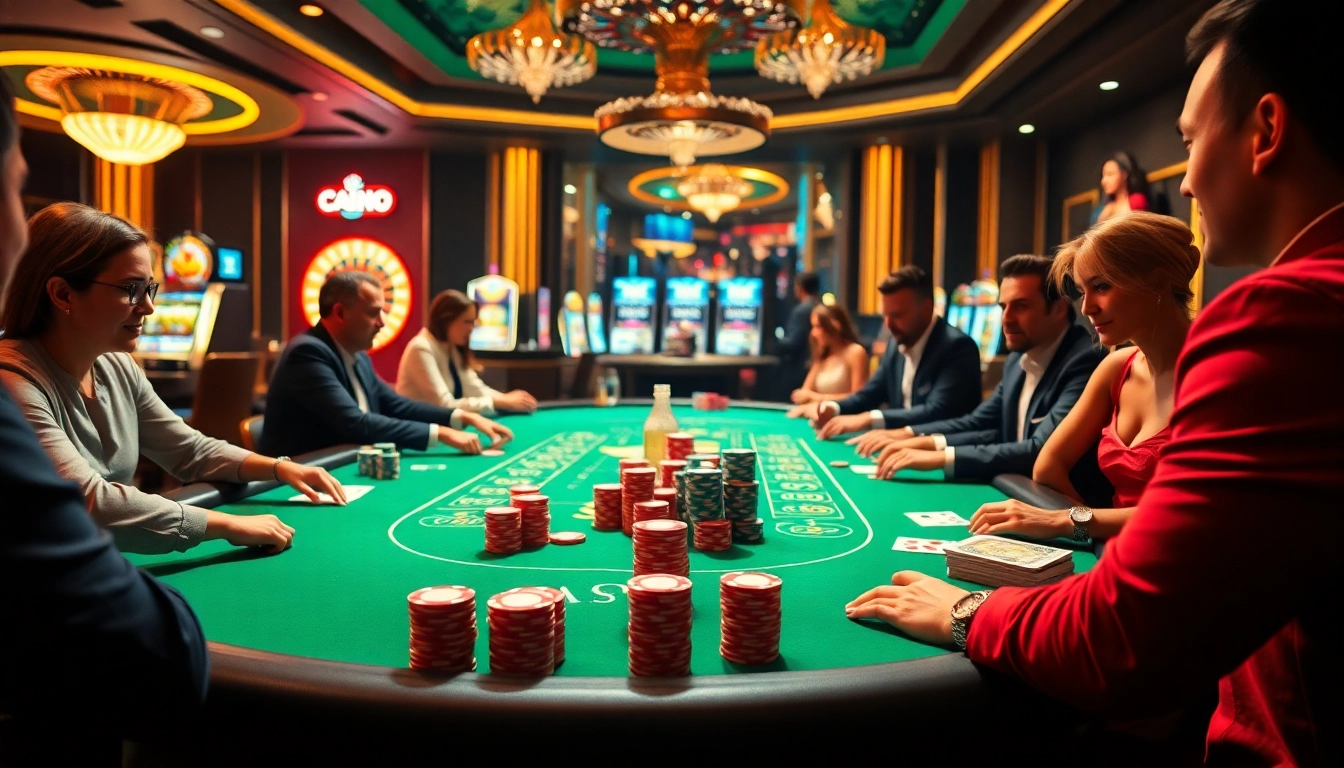 Vivez l'excitation du meilleur casino en ligne avec des joueurs autour d'une table de poker glamour.
