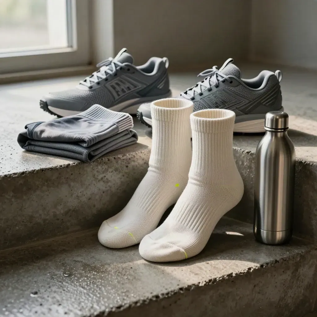 Three-pack socks beside sneaker, training top, and steel bottle on a concrete step.