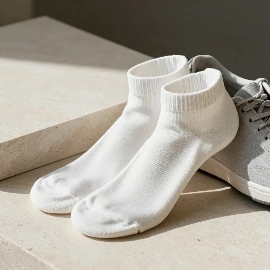Chalk-white no-show socks half slipped from a sneaker beside a pale stone slab, seen from above.