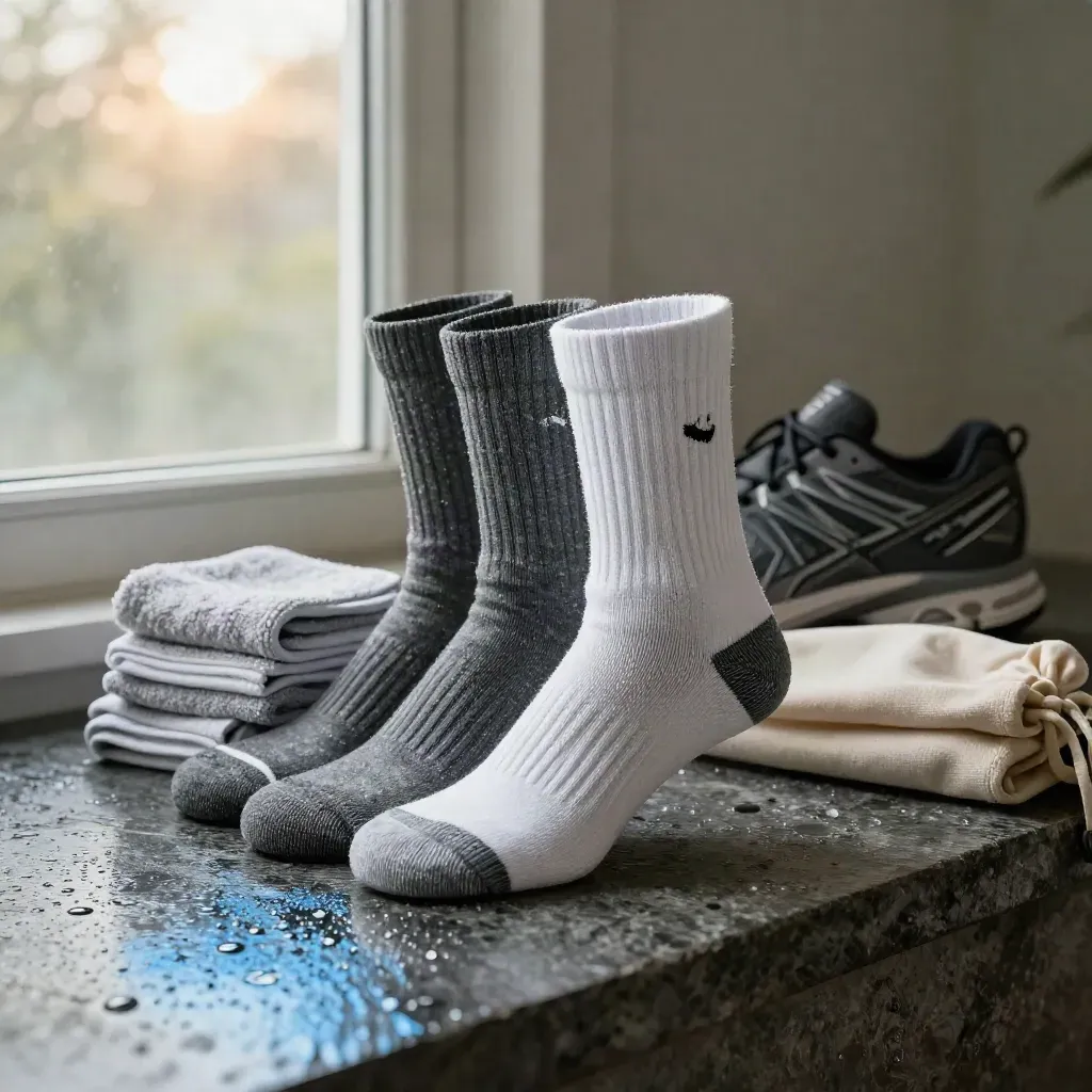 Crew socks bundle with shoe, towel and pouch on a rain-dark stone ledge in dramatic studio light