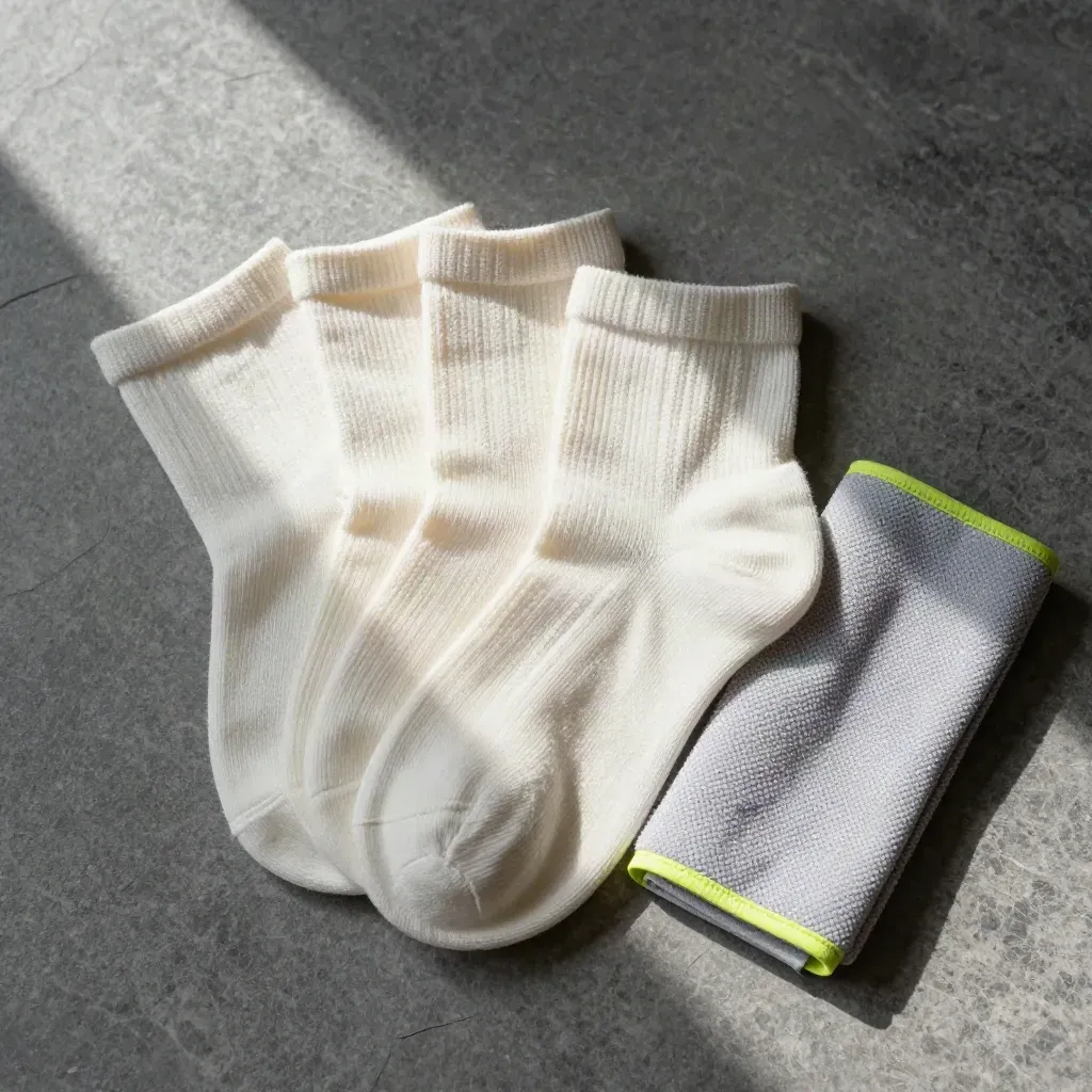 Overhead flatlay of three cushioned ankle socks, towel and trainer tongue on matte stone.