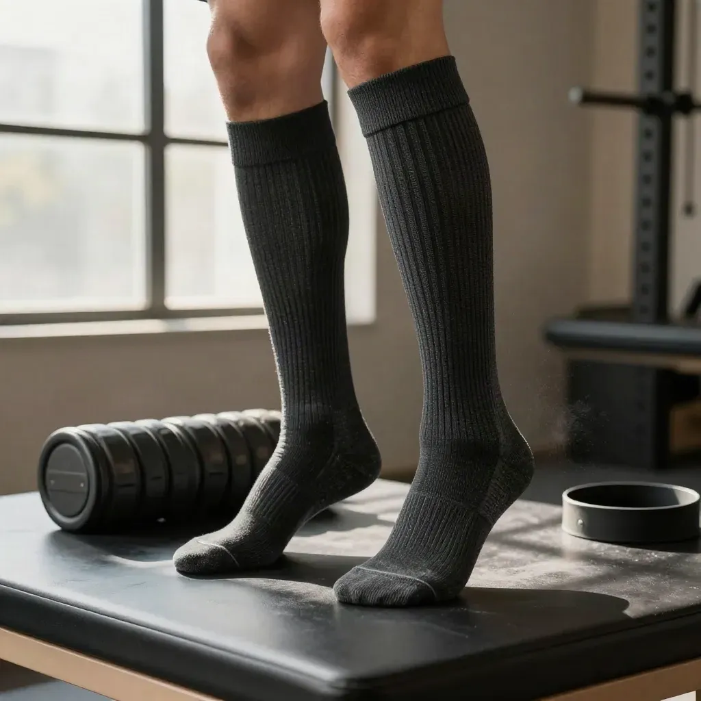 Charcoal compression calf socks lit beside a foam roller, bench edge and resistance band in a dark studio.
