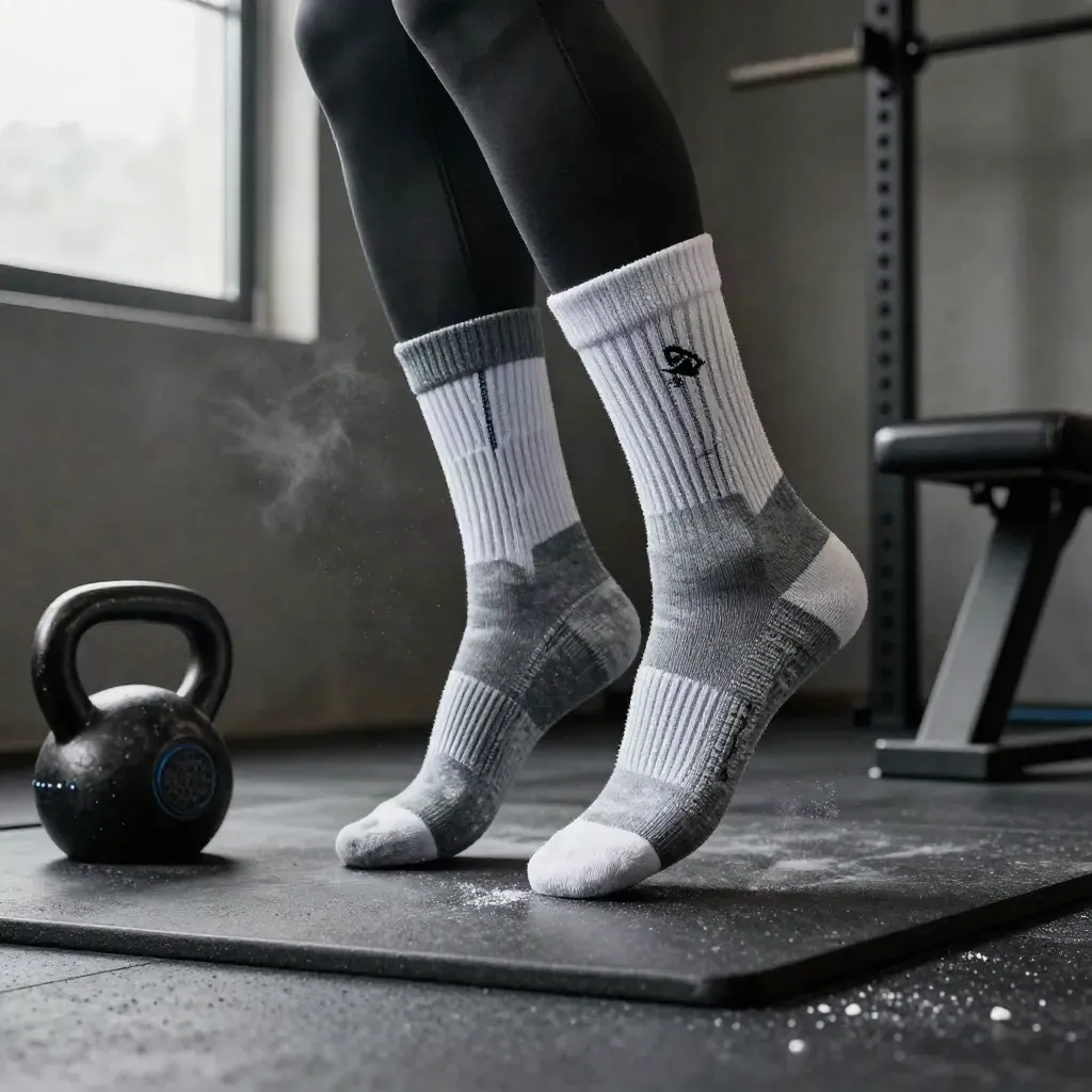Graphite and white crew socks spilling from a gym tote beside a kettlebell on a mat.